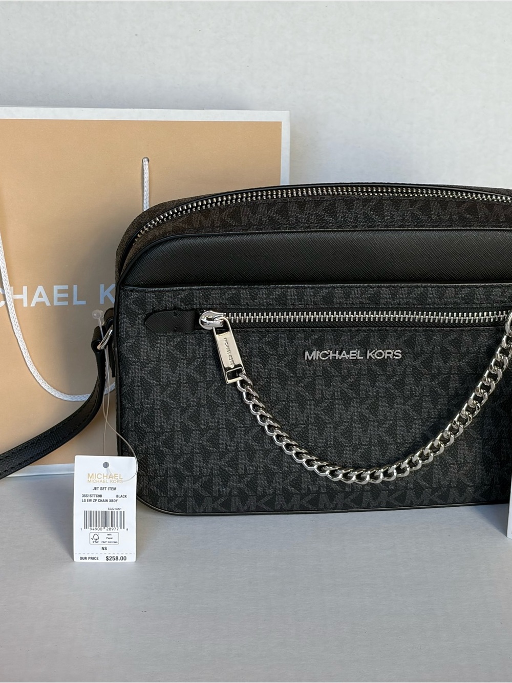 Michael Kors Black Signature MK Crossbody with Silver Chain